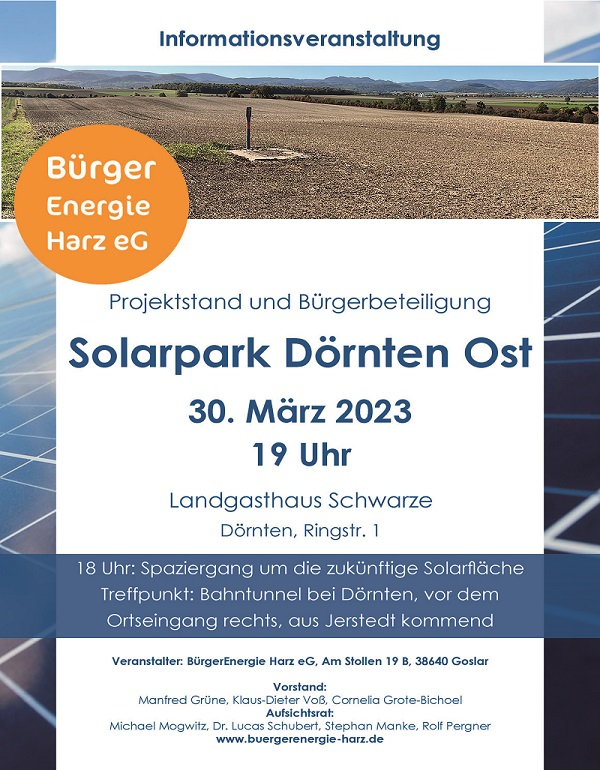Infoveranstaltung Photovoltaik-Freiflächenanlage Dörnten-Ost - Bürgerbeteiligung - 2023 BürgerEnergie Harz eG